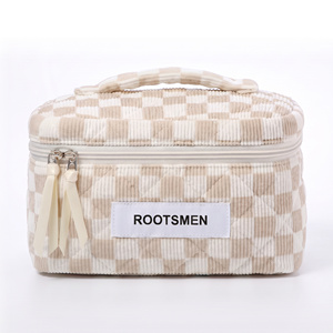 Cotton Quilted Checkerboard <b>Vanity</b> <b>Case</b> Large Ecru Taupe Makeup Bag Custom Logo OEM ODM BSCI - Product Image 3