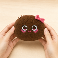 Porte-monnaie rond en peluche marron mignon avec fermeture éclair et nœud rose doux et moelleux, fabricant OEM ODM de cadeaux en peluche