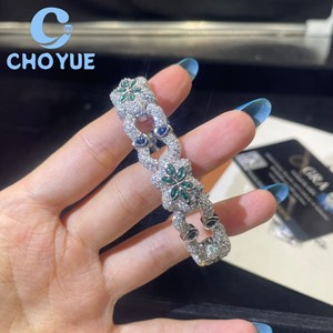 สร้อยข้อมือคิวบาประดับมอสซาไนต์ทรงมาร์คีส์สีน้ำเงินรอยัล เงินแท้ 925 ดีไซน์ดอกไม้ ชุบโรเดียม เครื่องประดับหรูหราสำหรับผู้หญิง - Product Image 3