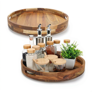 Plateau de service rond en bois d'acacia avec poignées, organisateur rotatif pour comptoir, pour le rangement et la présentation en cuisine - Product Image 1