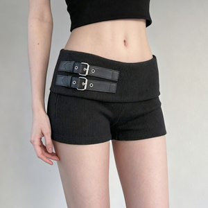 Dark Gothic Punk Style Breathable <b>Belt</b> Waistband Patchwork Fold Over Women's Knit Ribbed Shorts - Product Image 5