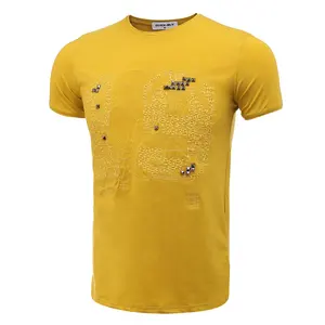 Camiseta masculina amarela com o pescoço, strass personalizada, bordada, de grandes dimensões, 2020