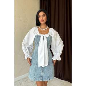 Robe midi décontractée d'été en jean bleu avec détail nœud et technique de silhouette délavée – Vente en gros - Product Image 3