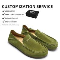 Mocassins décontractés faits main pour hommes en gros, en daim de vache vert, à enfiler, respirants, avec semelle extérieure en caoutchouc souple, fourniture directe usine
