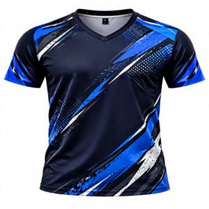 เสื้อกีฬาซับลิเมชั่นแบบกำหนดเองสำหรับผู้ชาย, เสื้อยืดกีฬาคอวีสีน้ำเงินดำ, ผู้ผลิตชุดทีมระบายอากาศแห้งเร็ว - Product Image 1