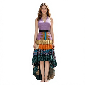 Conjunto de Falda Recta y Top con Volantes de Seda 100% Tejida y Transpirable con Estampado de Lazo, Estilo Bohemio Vintage Indio Bordado para Mujer - Product Image 1