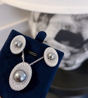 Ensemble de bijoux pour femmes en argent sterling 925 massif, style Tahiti, perle imitation grise à haute brillance, entièrement pavé de zircon