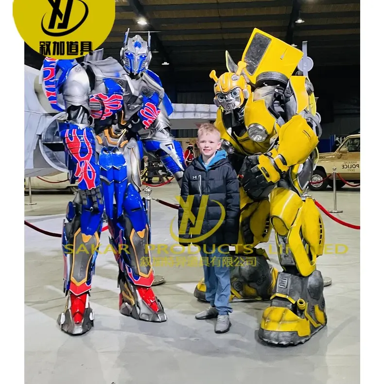 Diskon besar kostum Cosplay kuning dewasa produk taman hiburan sewa ukuran manusia berjalan dansa Robot Led kostum performa