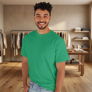 Camiseta de Algodón para Hombre, Cuello Redondo, Manga Corta, Corte Regular, Color Verde, Diseño Liso Teñido, Estilo Casual - Product Image 1