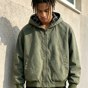 Blouson à capuche pour homme en toile délavée vert olive, doublure à carreaux, fermeture éclair, coupe courte et ample, style workwear vintage - Product Image 4