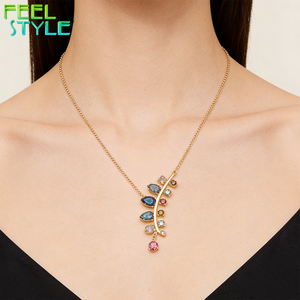 Collier pendentif feuille et branche en zircon coloré, chaîne fine en acier inoxydable 316 plaqué or PVD, collier glamour pour femme, cadeau - Product Image 2