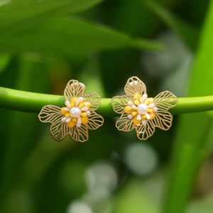Pearl Earrings Gold Plated 316L Stainless Steel Floral Design Studs For Women Jewelry - Product Image 3