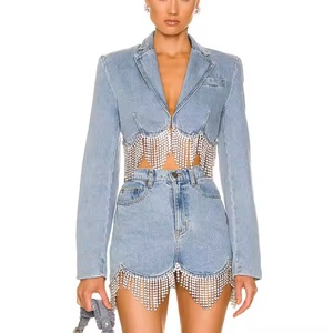Nouvel Arrivage Ensemble en Jean Femme de Haute Qualité : Veste Courte Sexy et Mini-Jupe en Jean Délavé à l'Acide avec Strass - Product Image 1