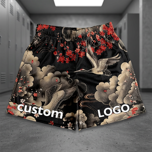 Shorts de bain pour hommes noirs imprimés par sublimation avec motif de grues et de fleurs, taille élastique, style décontracté - Product Image 3