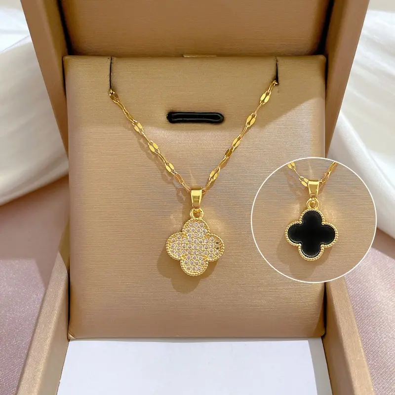 Stainless Steel Double Side Clover Necklace for Women Luxury Zircon Lucky Clover Pendant Jewelry Elegant Ladies Accessories Gift