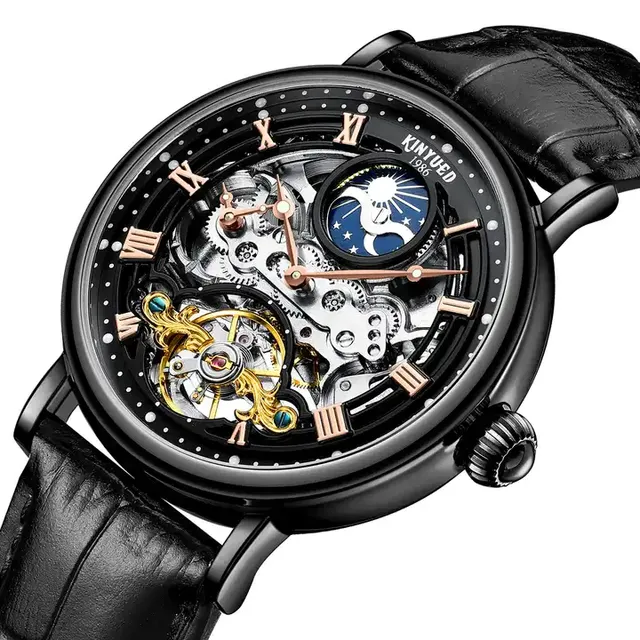 KINYUED J117 Luxury Leather Strap Watch Tourbillon Mechanical Watches With Calendar China Factory Price Man Watch