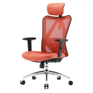 مقعد مكتب برتقالي الشكل يتميز بمصراع ثابت ومصنوع من قماش شبكي يتميز بخلفية دوارة يتميز أنه كرسي مكتبي وكرسي كروم شبكي