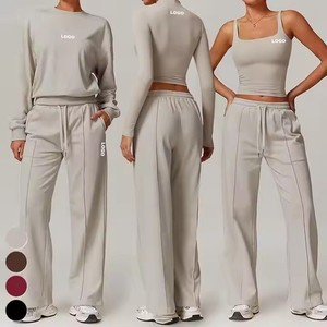 Women Yoga 4 Piece Set <b>Long</b> Sleeve Crop Top Jogger Sweatpants Sports Bra Gym Workout Outfit Yoga Wear Full Length Solid Color - Product Image 1