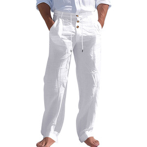 <span class=keywords><strong>Pantaloni</strong></span> Estivi da <span class=keywords><strong>Uomo</strong></span> in <span class=keywords><strong>Lino</strong></span> 145gsm Lavati Traspiranti Tinta Unita con Coulisse per la Spiaggia - Product Image 2