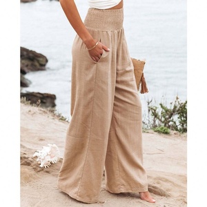 Pantalon long ample en coton et lin pour femme, taille élastique, couleur unie, respirant, idéal pour l'été et le printemps, parfait pour les vacances - Product Image 5
