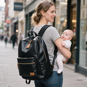 תיק עור שחור רך חדש תיק עור חיתולים באיכות גבוהה יצרן תיק גב המומיה מרווח עם לוגו מובלט - Product Image 1