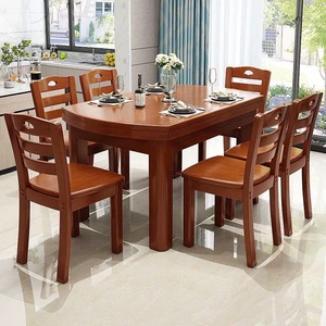 Nuevo Diseño Juego de Comedor Clásico de Madera Maciza 1 Mesa y 6 Sillas Muebles para el Hogar Mesa de Comedor Plegable Giratoria Redonda de Madera de Caucho - Product Image 3