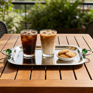Plateau de service en <span class=keywords><strong>acier</strong></span> inoxydable poli miroir avec poignées en perles vertes - Plat rectangulaire élégant pour la maison et la restauration - Product Image 5