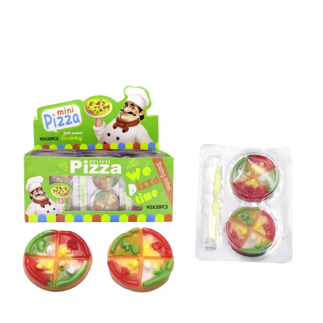 New Arrival Halal Fruit Soft Gummy Candy Pizza Shape Caramelo Blando Gummy Candy With Fork Candy Toys Kids