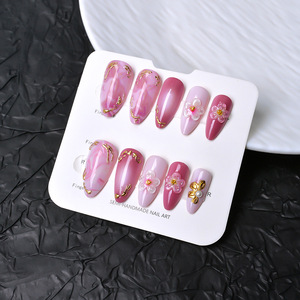 24 pièces de faux ongles en amande plaqués or transfrontaliers, sculpture florale 3D, style semi-fait main haut de gamme, doux et luxueux - Product Image 1