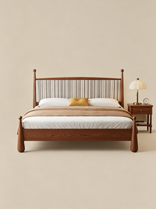 Midcentury Modern Upholstered Wooden <b>Bed</b> <b>Frame</b> <b>Queen</b> <b>Size</b> Fabric Headboard Soft <b>Bed</b> with Striped Design - Product Image 1