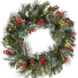 LINGKAI 2027 Ghirlanda Natalizia Artificiale Preilluminata da 50cm con Pigne e Bacche per Decorazione <span class=keywords><strong>Porta</strong></span> e Finestra - Product Image 1