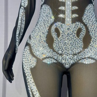 Costume d'Halloween, strass scintillants latins, combinaison en maille squelette humain, tenue de scène de danse pour femmes, fête, célébration