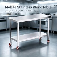 Table de préparation double couche robuste pour cuisine commerciale avec roulettes pour restaurant, hôtel, boulangerie, table de travail en acier inoxydable