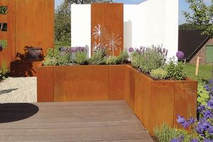 Pre-rusted corten steel large planter with wooden <b>seating</b> bench outdoor metal garden decoration - Product Image 6