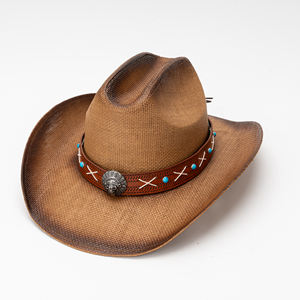 Chapeau de cowboy rayé de style western rétro américain, chapeau de soleil en paille à large bord, unisexe, décontracté, plage, extérieur - Product Image 2