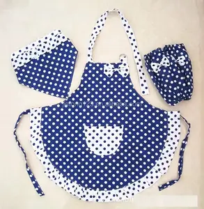 Grosir celemek lukisan Polka Dot anak-anak lengan panjang anak-anak 3 buah set celemek anak dengan topi