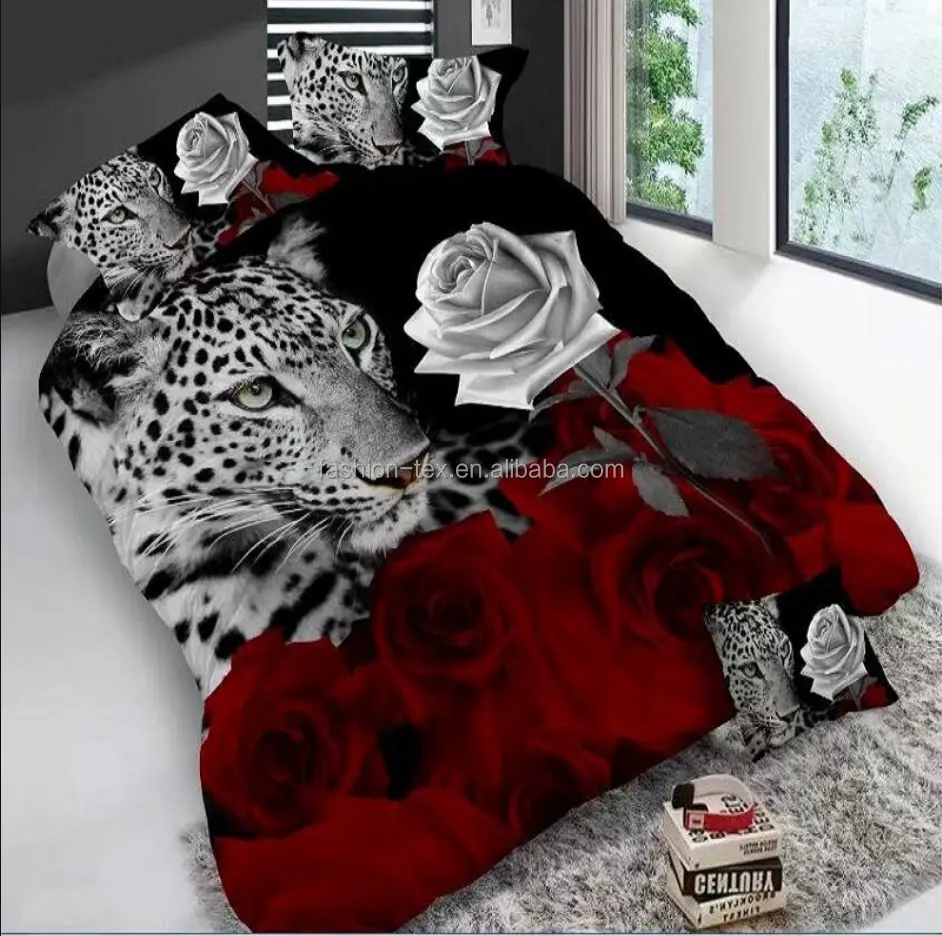 Ensemble de literie en tissu 100% polyester, imprimé fleur, animal léopard 3d, housse de couette, drap de lit, vente en gros, fournisseur chinois