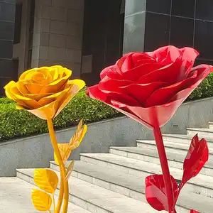 Customized Size Modern Red Yellow Rose Outdoor Garden Park Yard Decoration Metal Crafts Stainless Steel Rose Sculpture