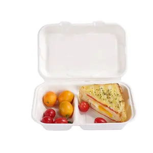 Contenedor de comida desechable biodegradable, caja de pulpa de hamburguesa, 3 compartimentos