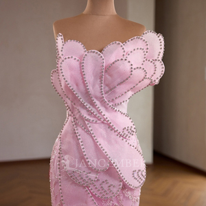 Robe de bal rose RSM261025, col cœur, appliques, en mousseline, longueur cheville, soutien-gorge intégré, fermeture éclair au dos, coupe naturelle - Product Image 5