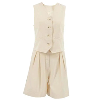 Ensemble deux pièces d'été pour femme, jupe-culotte marron en lin/coton, col en V, décontracté, respirant, longueur genou, poches, boutons, style urbain