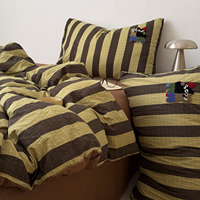Parure de lit vintage rayée brodée en microfibre froissée texturée, drap-housse doux en seersucker, ensemble de literie en gaze froissée