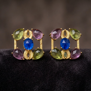 Nouvel Arrivage Petites Boucles d'Oreilles Pendantes Carrées en Chalcédoine Rose, Saphir et Hydro Gemstone, Plaqué Or Ethnique, Design Unique pour Soirée - Product Image 3