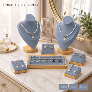 WEIMEI Présentoirs en bois et velours gris-bleu pour colliers, bagues et bijoux, idéaux pour boutiques, bijouteries et magasins de cadeaux - Ensemble de présentation de bijoux - Product Image 5
