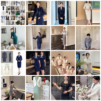 Setelan Jas Wanita Beige Kerah Bulat Lengan Pendek Kancing Emas Rok Pensil Dua Potong Musim Panas Kantor Hotel Resepsi Custom