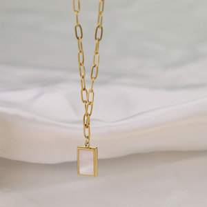 French Style Minimalist White Seashell Square Pendant Necklace 18K Gold Plated Titanium Steel Everyday Wear Geometric Design - Product Image 2