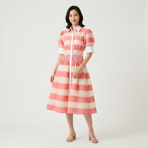 Robe décontractée trapèze rose à carreaux pour femme, taille naturelle, en coton et lin tissé, respirante, idéale pour l'automne et la plage - Product Image 2