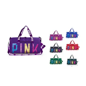 Sıcak satış renkli moda çok fonksiyonlu spor bagaj çantası özel nakış pembe Logo PU deri haftasonu silindir seyahat çantası