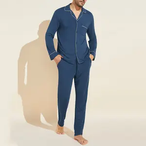 Men's Concise Cotton Soft Long Sleeve Loungewear Pjs Set With Pockets Pajamas Sets Button Up Sleepwear For Men