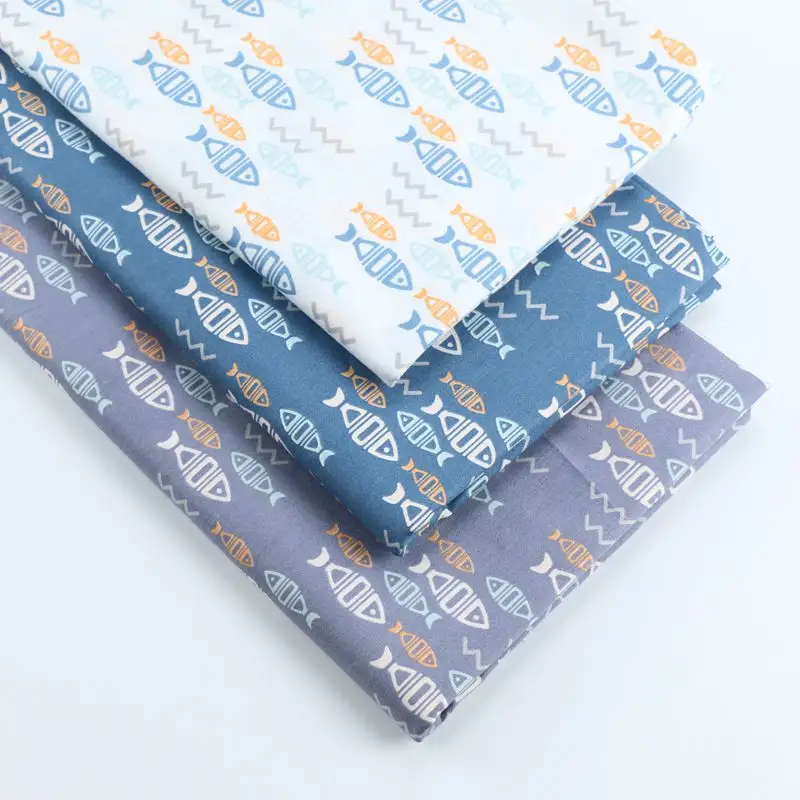 Cartoon White Blue Small Fish Printed Twill Cotton Fabric Making Students' Bedding Home Decoration Cloth